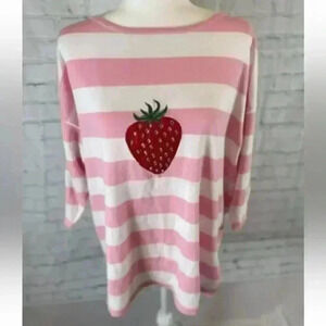Bua Bua Striped Pink & White Strawberry Knit Sweater Top 3/4 Sleeve Size XL CUTE